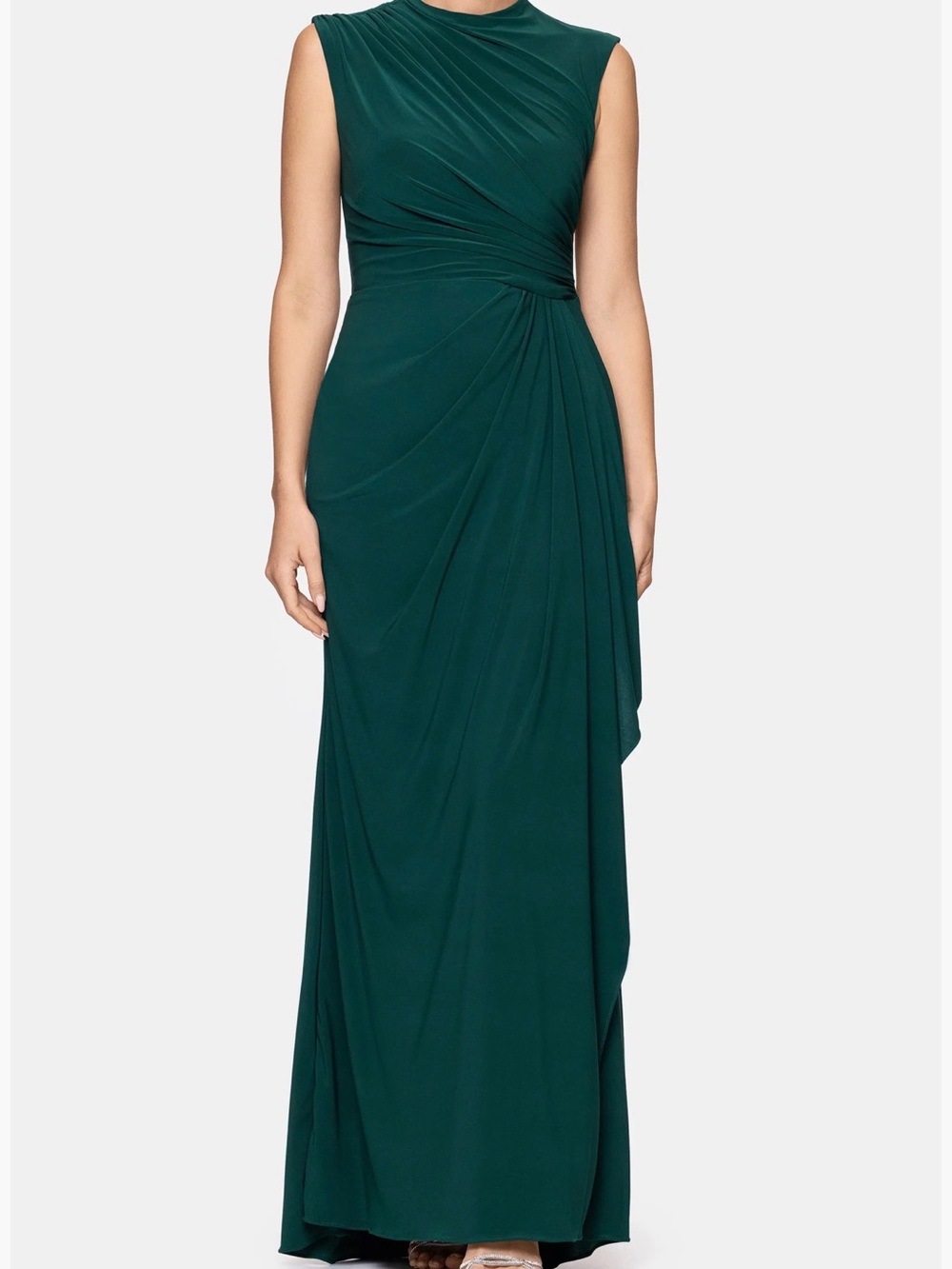 Betsy & Adam Emerald Green Ruched Sleeveless Draped Maxi Gown